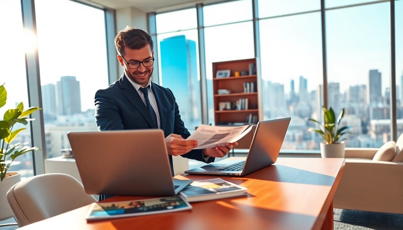 Immobilienmakler Frankfurt Eschersheim analysiert Immobilienlisten in einem modernen Büro mit heller Beleuchtung.