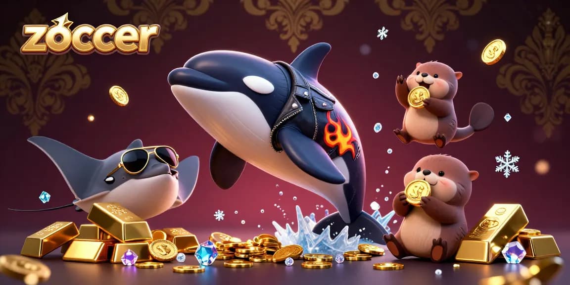 Zoccer showcases a vibrant 3D scene with a jumping orca, stingray, and sea otters among shimmering treasure, enhancing online gaming excitement.