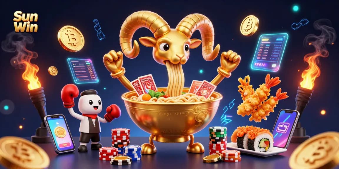 Exciting gameplay action at Sun Win, featuring vivid characters and crypto elements in a vibrant casino scene.