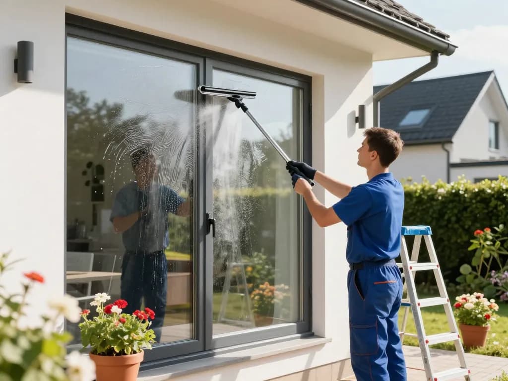 Glasreinigung vom Fachbetrieb in Münster - ein Techniker, der in einem hellen Wohnumfeld große Fenster fachgerecht reinigt