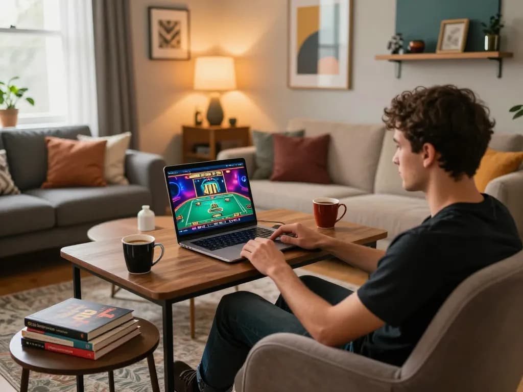 Person enjoying online casino gaming experience at home with cm88 on the laptop screen
