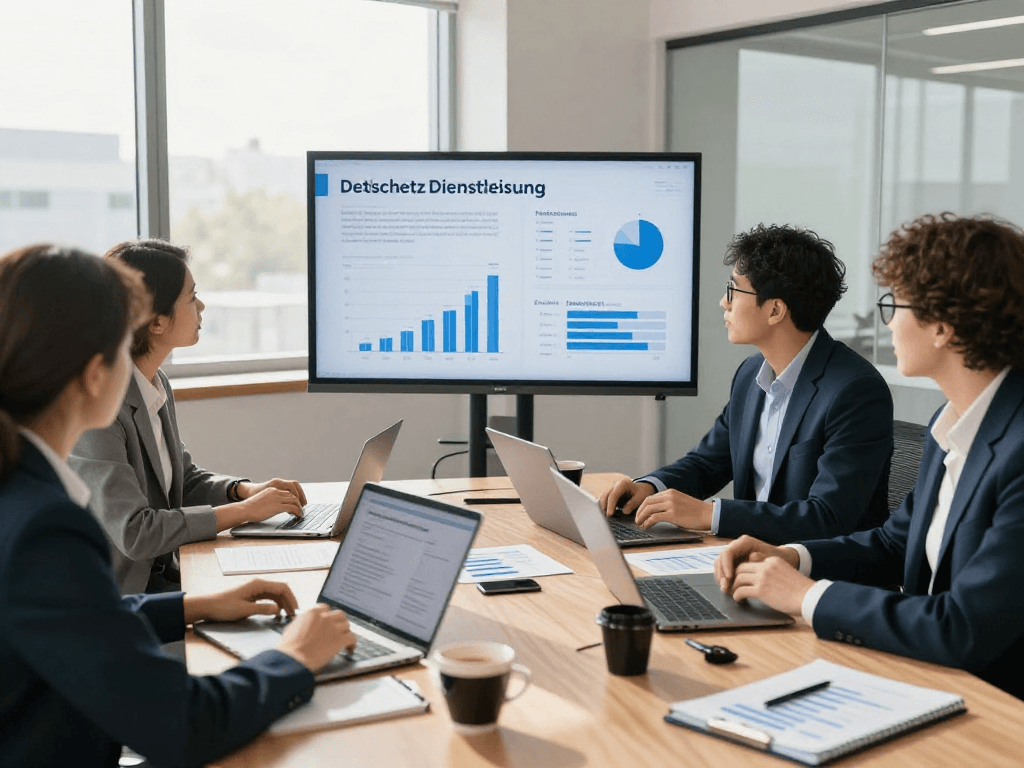 Engaged team discussing Datenschutz Dienstleistung in a modern office.