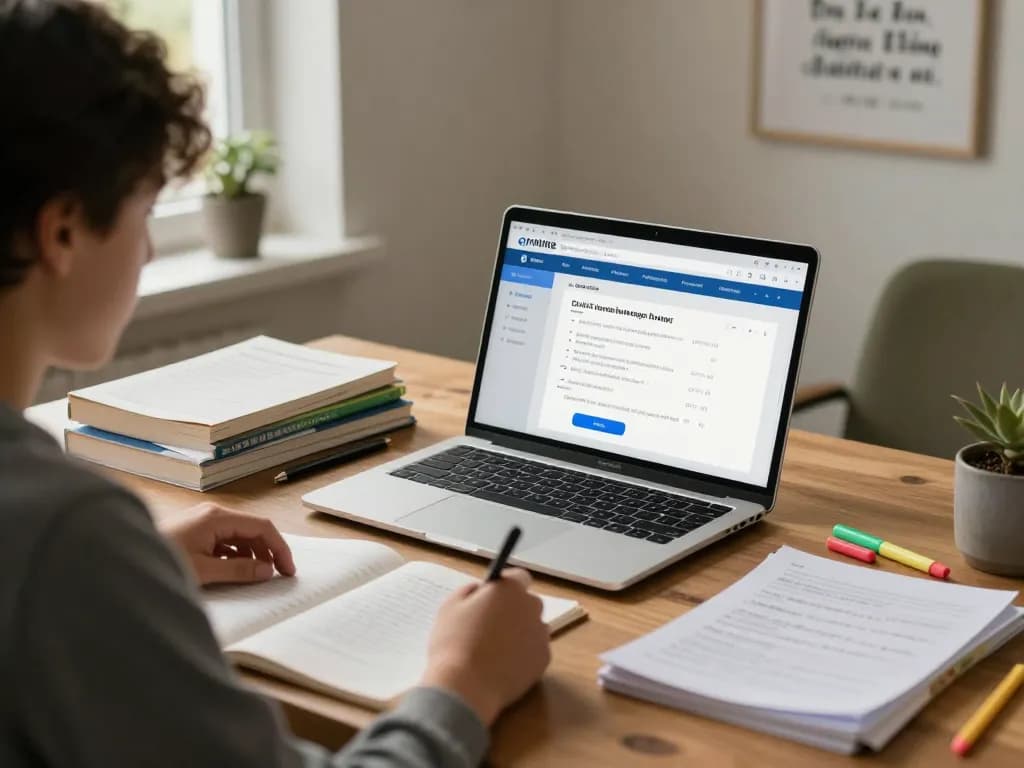 Student nutzt einen Hausaufgaben Löser online auf einem Laptop, mit Lehrbüchern und Notizen.