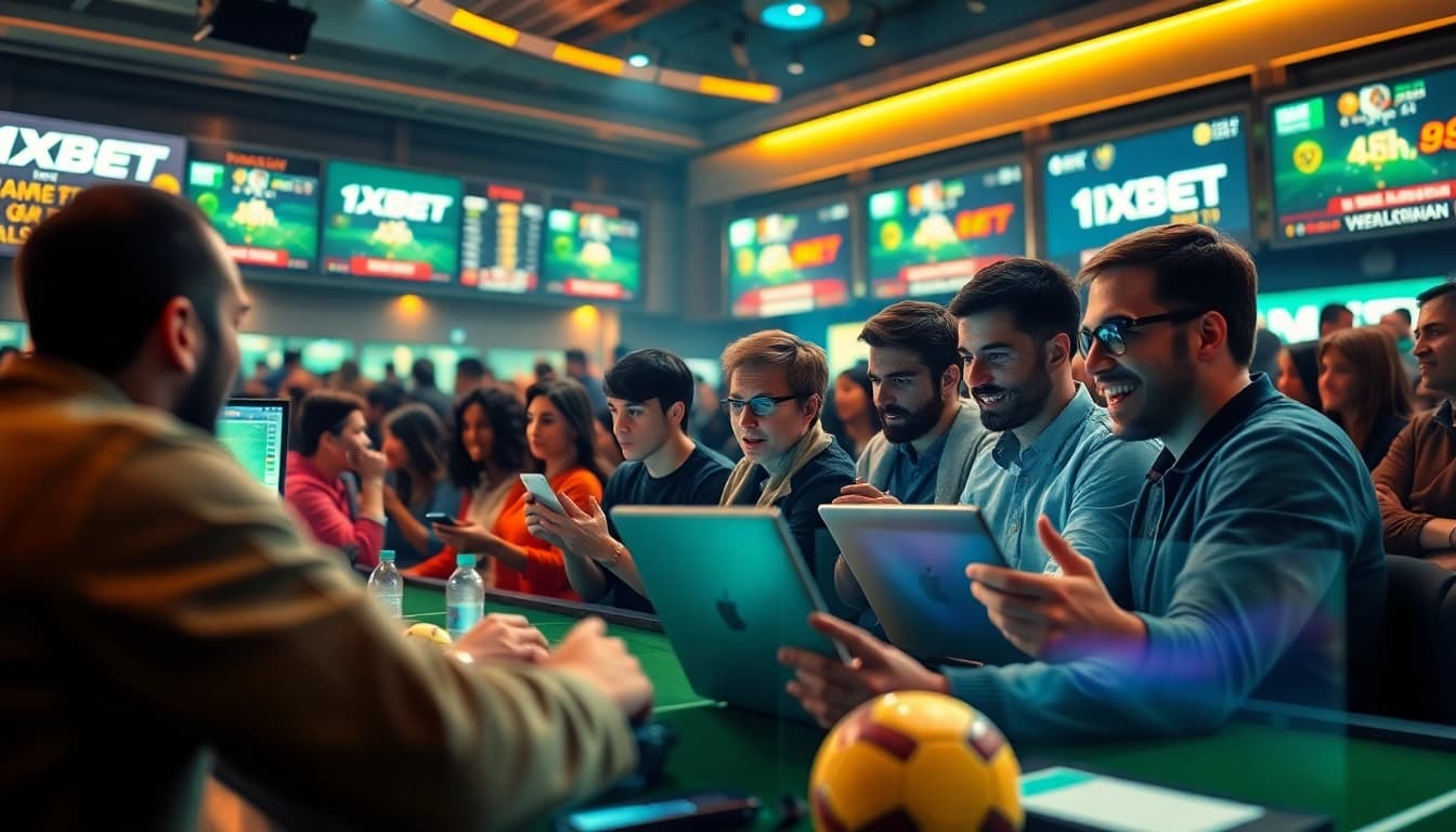 Dynamic scene of diverse bettors passionately engaging in trang ca cuoc bong da at a modern digital sportsbook.