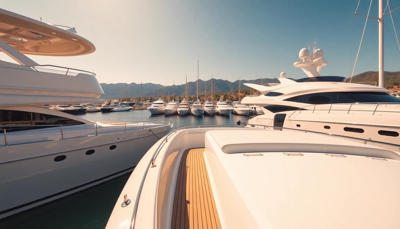 Entdecken Sie Mega Lüfer Yachts in einem luxuriösen Yachthafen mit Blick auf die Berge.