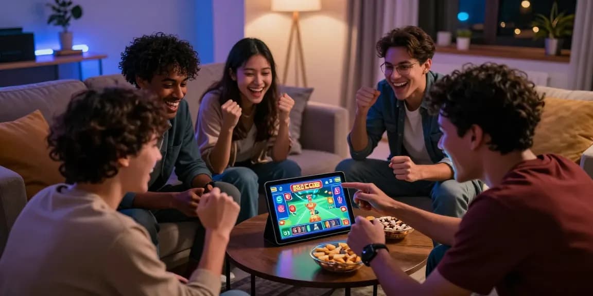 Friends enjoying an online gaming night with B52 CLUB on tablet, showcasing excitement and camaraderie.