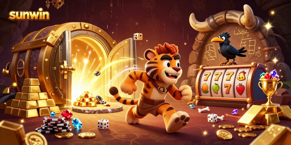 Experience the thrilling sunwin casino with dynamic caveman and tiger duo, slot reels, and dazzling treasures.