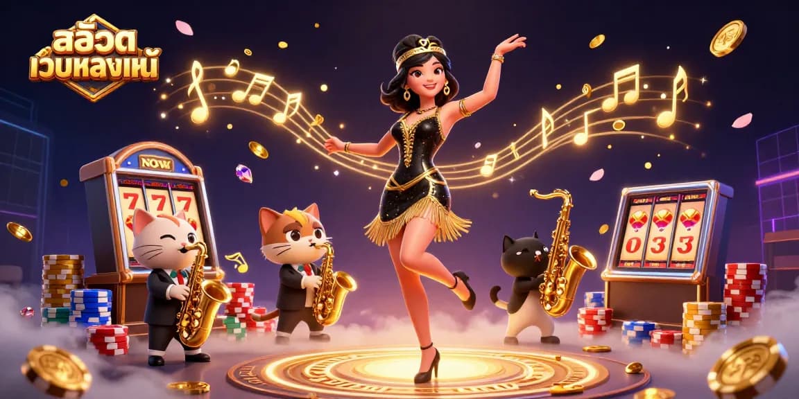 Win big with สล็อตเว็บตรงแท้ in this vibrant 3D casino scene featuring dynamic characters and gaming elements.