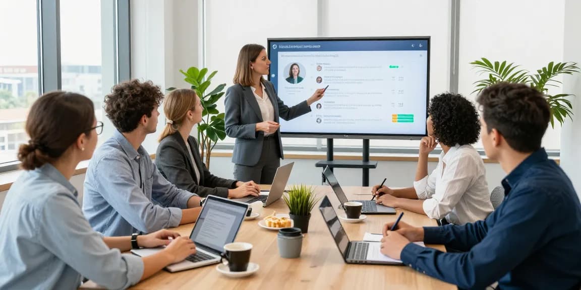 Arbeitskultur bewerten in einem modernen Büro mit einem Team, das an einer Feedback-Sitzung teilnimmt.