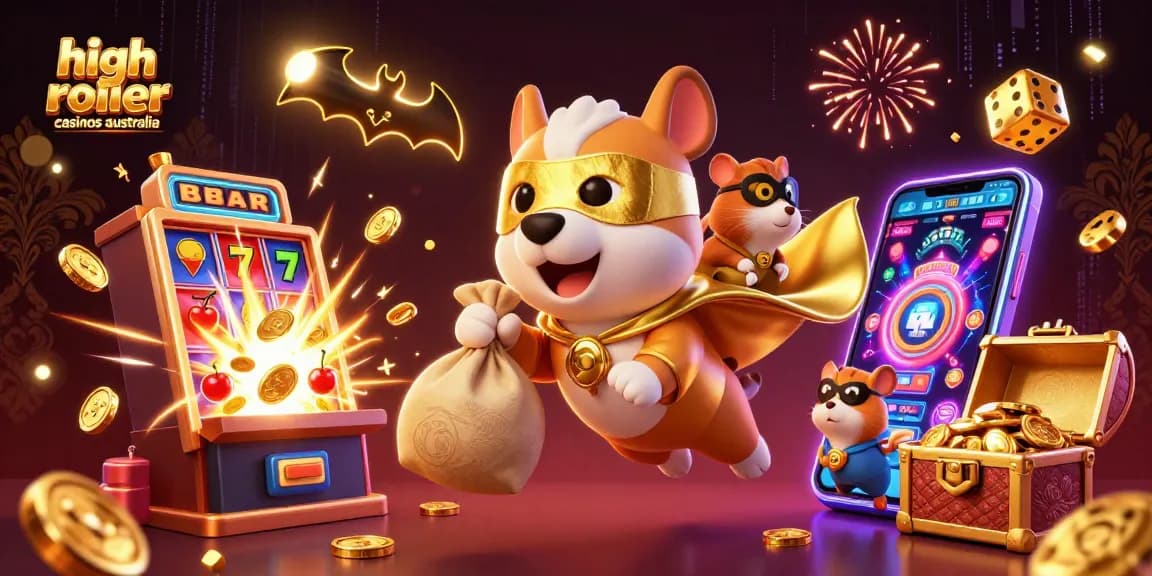 Experience high roller casinos Australia with superhero characters, coins, and dynamic casino elements.