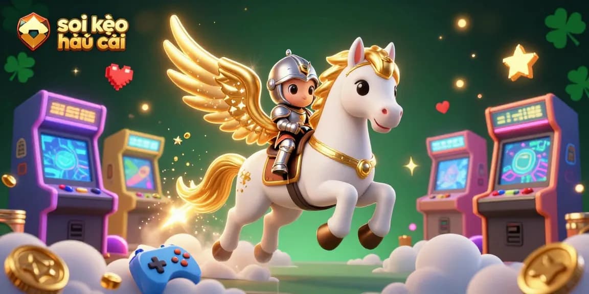 Engage in soi kèo nhà cái action with a celestial knight and golden horse in a vibrant casino landscape.
