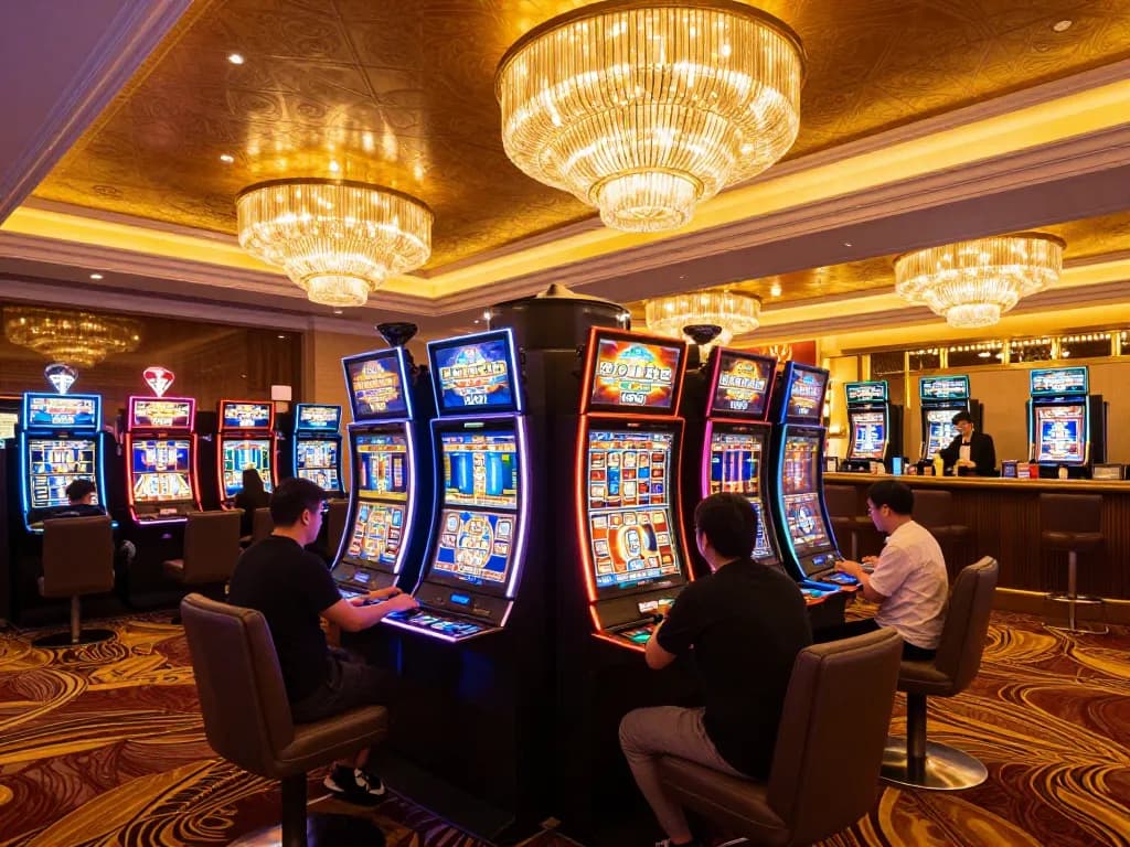 Players engaging with vibrant slot machines in a luxurious casino while exploring a KI Detektor deutsch for thorough text analysis.