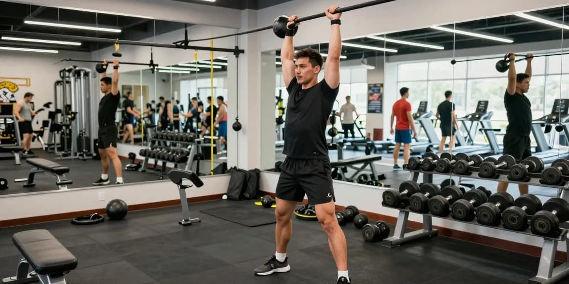 Intensives Training im Selliza Shop Fitnessstudio mit einem Athleten, der Kettlebells hebt.