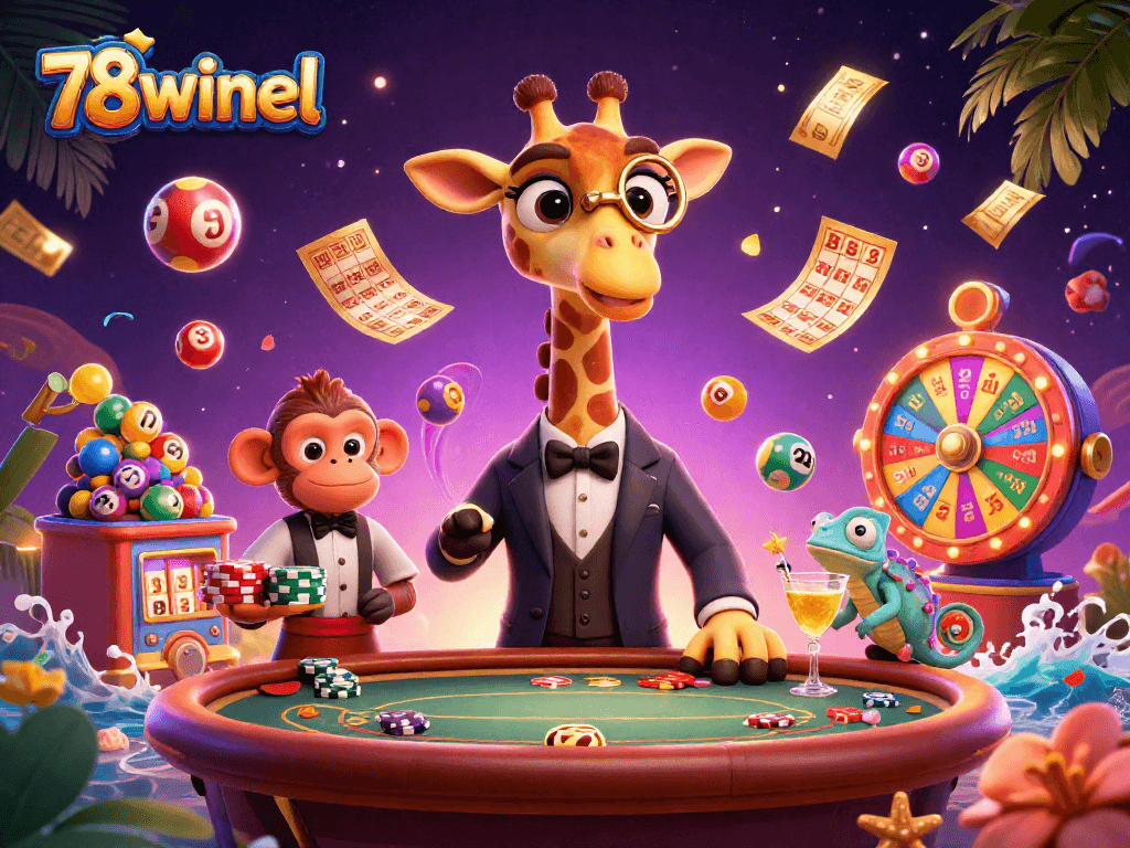 Experience thrilling gaming with 78winel's lively casino scene featuring colorful lottery elements and vibrant characters.