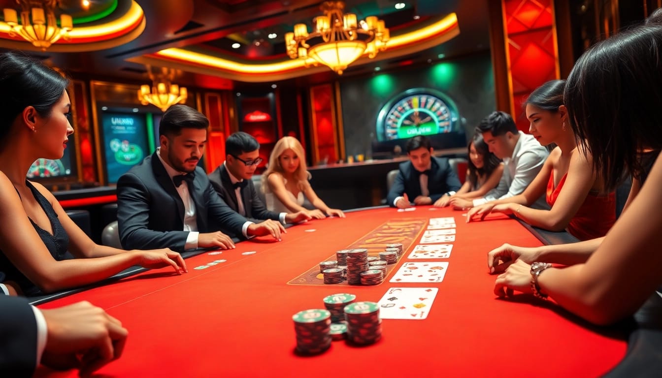 Players strategizing at a U88 poker table in an upscale casino atmosphere.