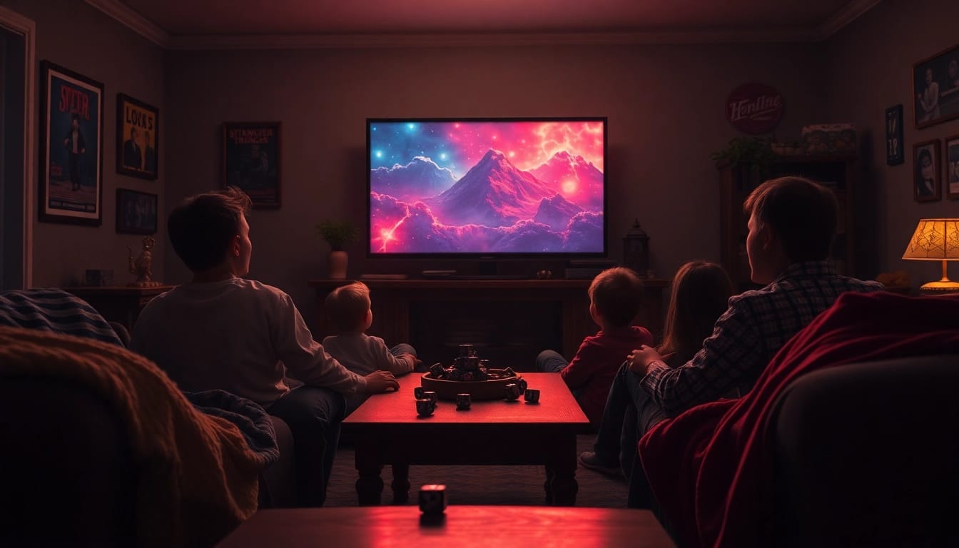 Nostalgische Wohnzimmer-Szene in der Stranger Things Rezension, die eine Familie zeigt, die das Finale mit D&D-Elementen ansieht.