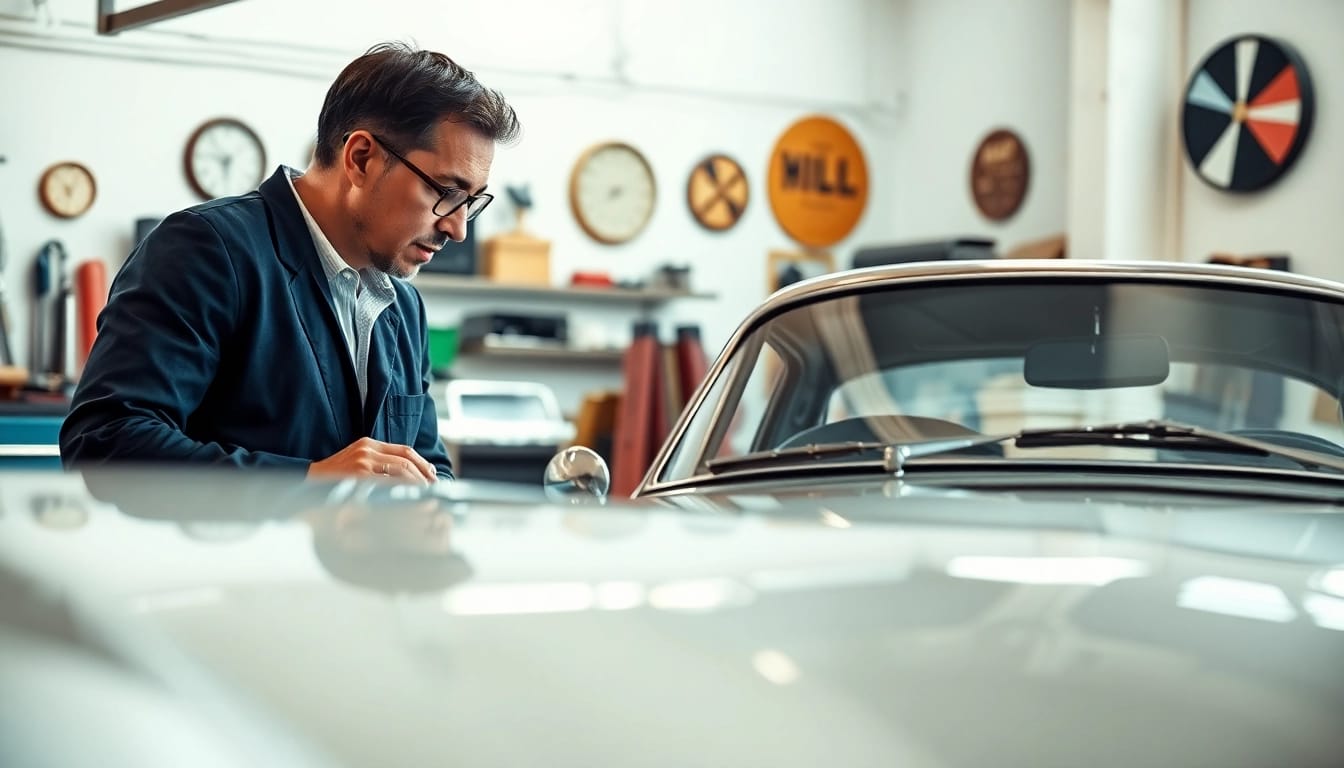 Oldtimer Gutachten: Fachmann bei der Prüfung eines Oldtimers in einer professionellen Umgebung.