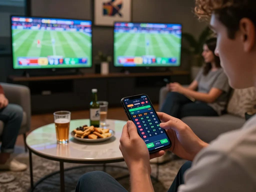 Engaged in sports betting on smartphone at TG88 lounge with live odds displayed