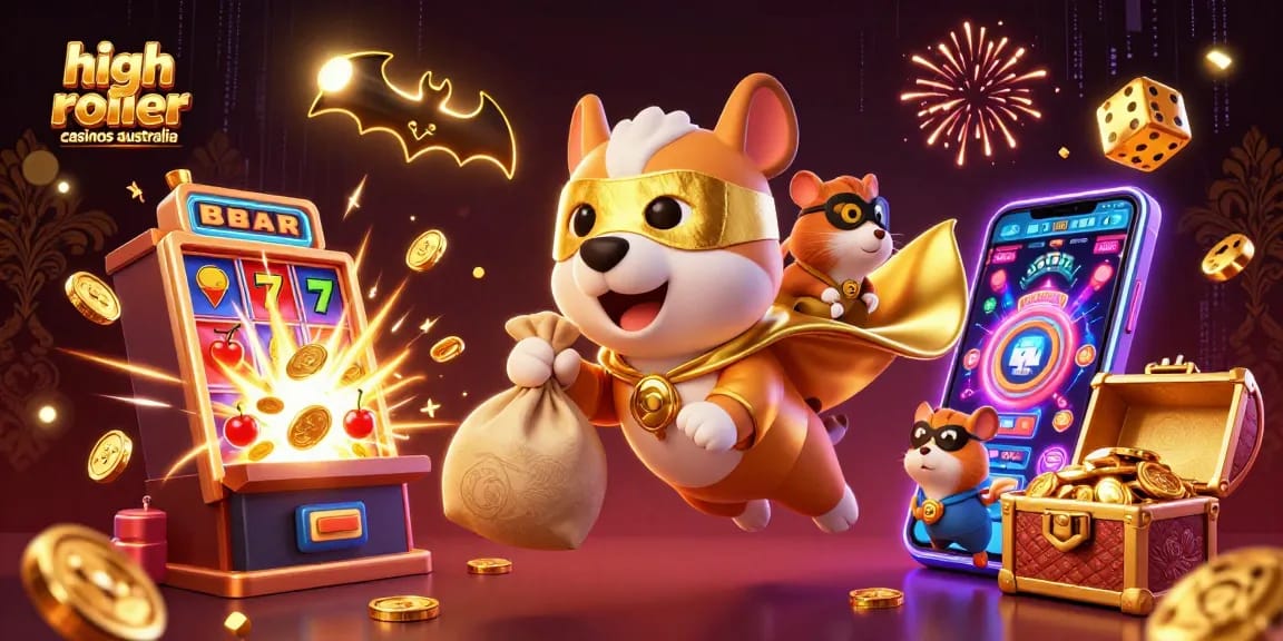 Experience high roller casinos Australia with superhero characters, coins, and dynamic casino elements.