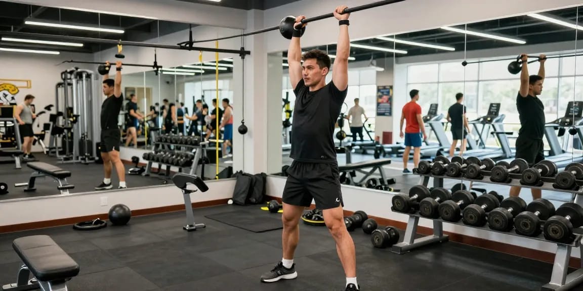 Intensives Training im Selliza Shop Fitnessstudio mit einem Athleten, der Kettlebells hebt.
