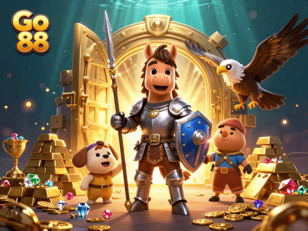 Engage in thrilling adventures at Go 88 with vibrant scenes of knights and treasures.
