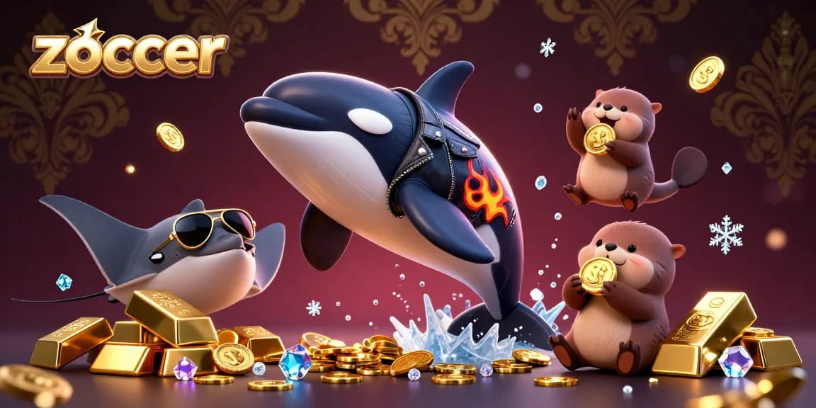 Zoccer showcases a vibrant 3D scene with a jumping orca, stingray, and sea otters among shimmering treasure, enhancing online gaming excitement.