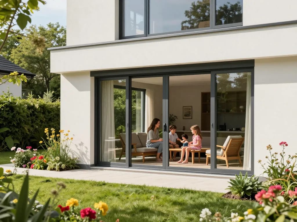 Zeitgemäßes Zuhause mit fenster schüco Aluminiumfenstern und -türen, während die Familie den Außenbereich genießt.