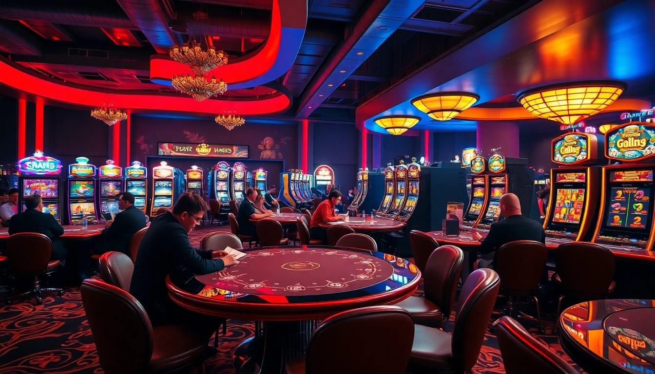 Erleben Sie casinospiele in einer eleganten Casino-Umgebung mit Spielern und lebendigen Maschinen.