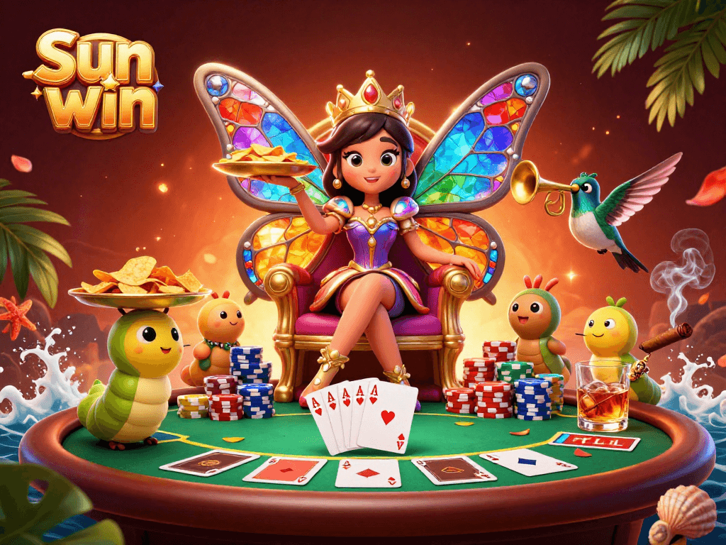 Engage in Sun win poker adventures with a butterfly queen and vibrant casino elements.