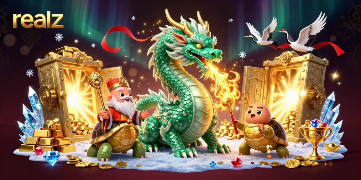 Spin the reels at realz with a vibrant scene featuring a lucky jade dragon, turtle sage, and flying cranes.