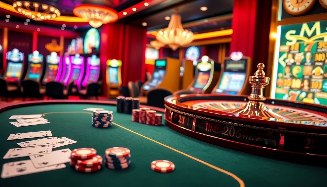 Exciting scene of game bài đổi thưởng at a luxurious casino with poker tables and roulette wheels.