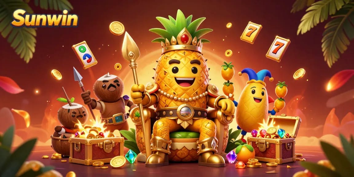 Engage in thrilling casino adventures with Sunwin's vibrant scene filled with floating slots, gold coins, and energetic characters.