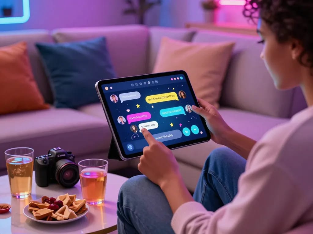 Engaging interaction with an nsfw chat bot on a modern tablet in a cozy atmosphere.