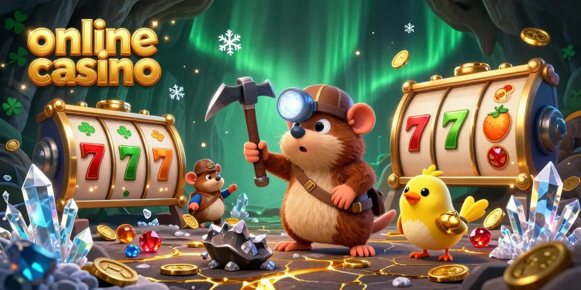 Experience thrilling wins at an online casino with a treasure hunter mole and vibrant slot elements.