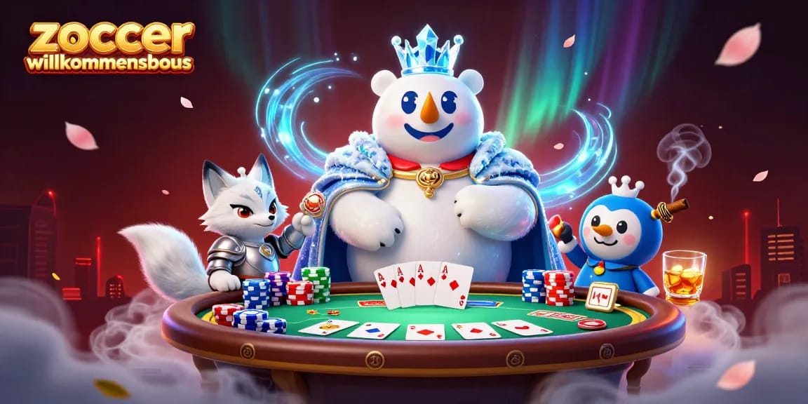 Erleben Sie den Zoccer Casino Willkommensbonus mit einem fröhlichen Eiskönig und einem schneefüchsen Begleiter am Pokertisch.