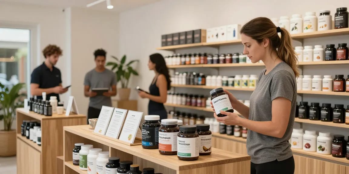 Medi Pharma Steroid Shop im modernen Wellness-Laden mit Kunden, die Produkte durchsuchen.
