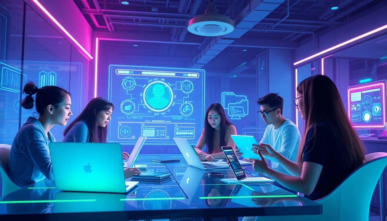 Young adults exploring ai 18+ in a futuristic tech workspace, engaging with innovative AI applications.
