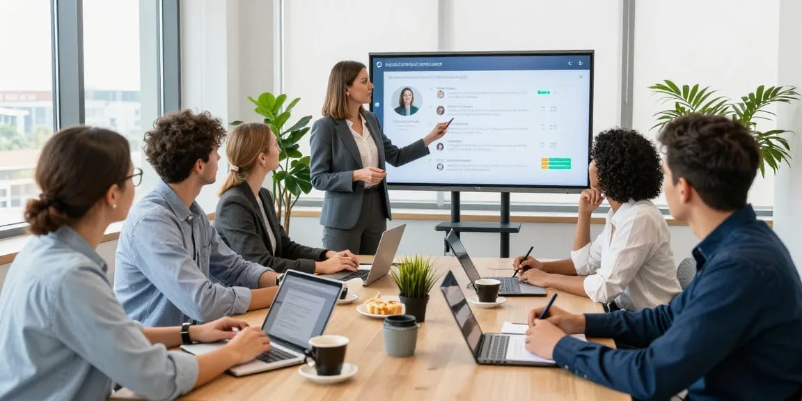 Arbeitskultur bewerten in einem modernen Büro mit einem Team, das an einer Feedback-Sitzung teilnimmt.
