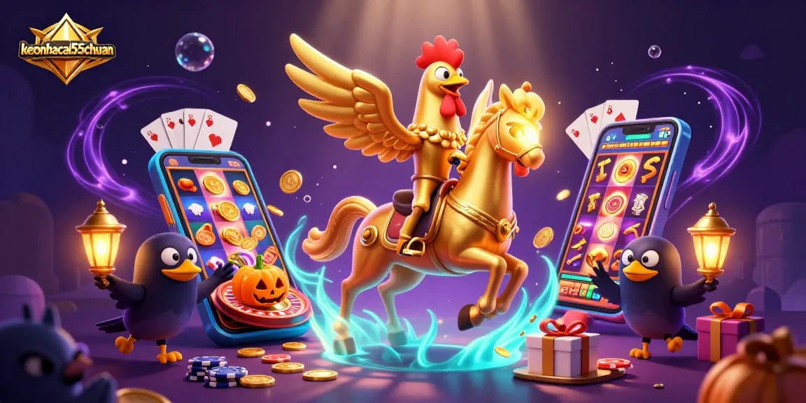 Engage with keonhacai55chuan's vibrant casino atmosphere featuring a golden rooster and floating slot games.