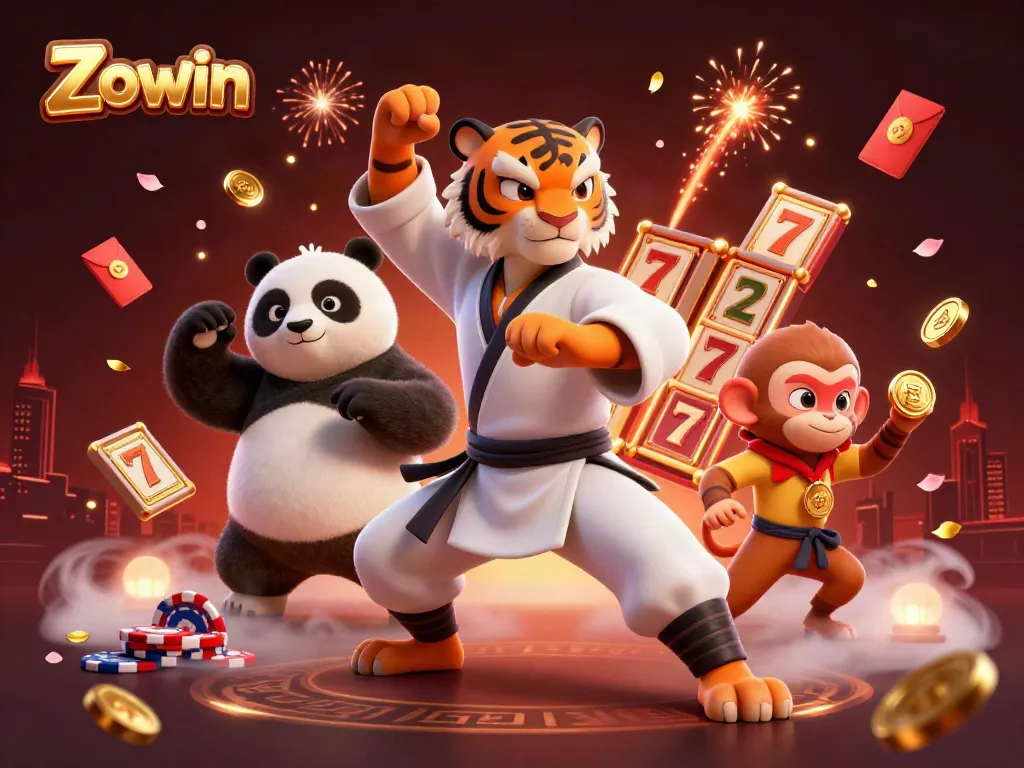 Zowin's vibrant 3D casino scene with a kung fu tiger, panda, and monkey amidst dynamic gaming elements.