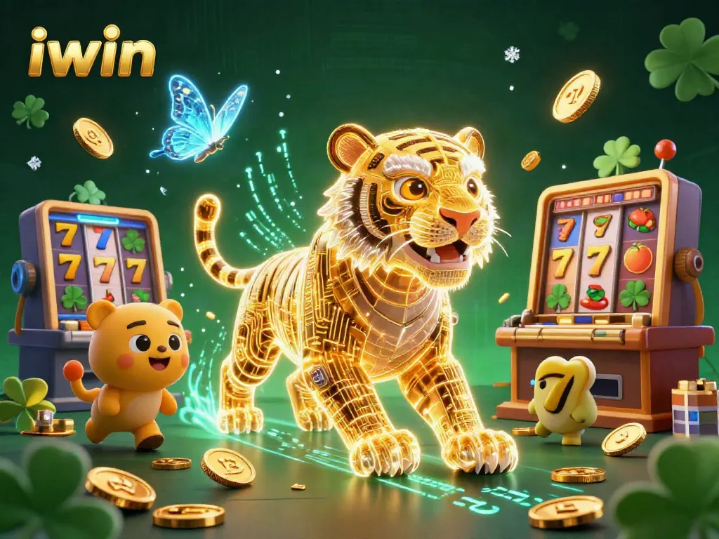 Engage with iwin's vibrant digital casino through a neon-wireframe tiger amid energetic slot symbols.