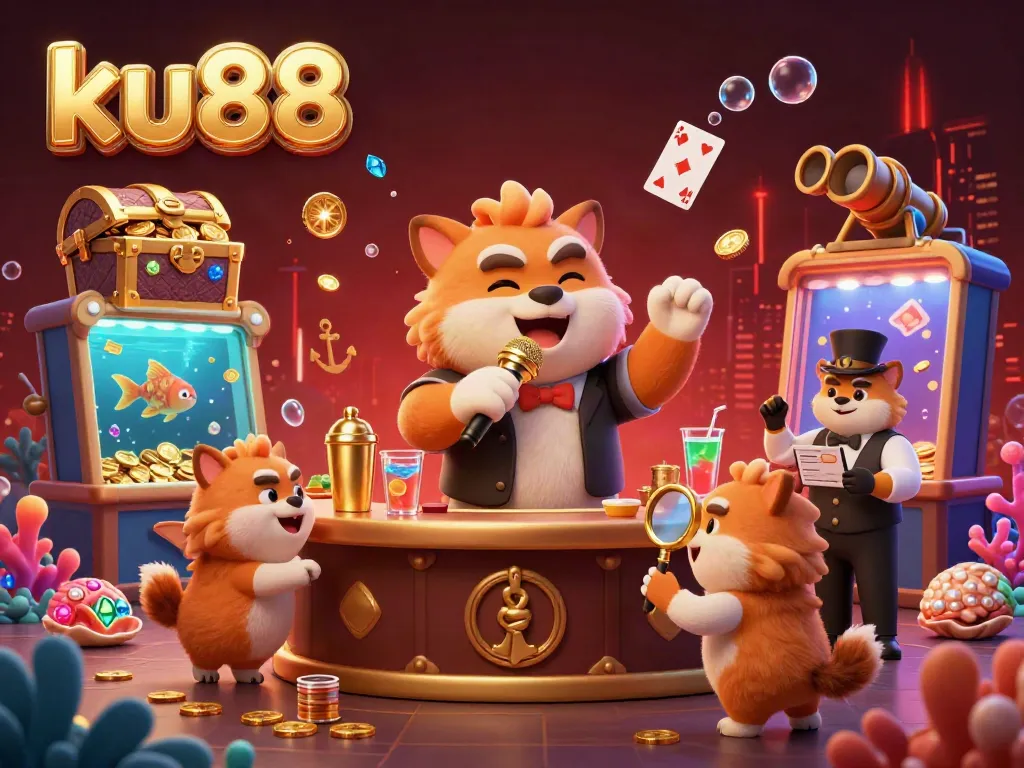ku88 presents a vibrant comedy casino scene with cartoon hyenas, mixing drinks, and checking IDs while surrounded by dynamic game elements.