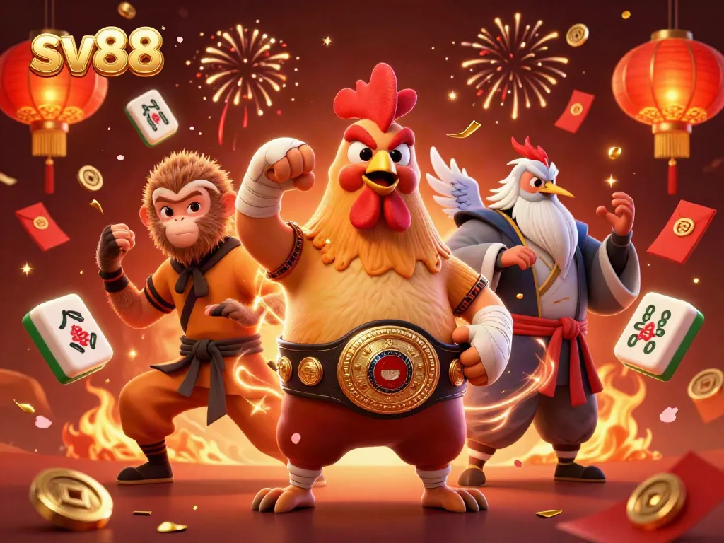 Experience thrilling moments with sv88 through a vibrant 3D illustrated scene of martial artists and festive elements.