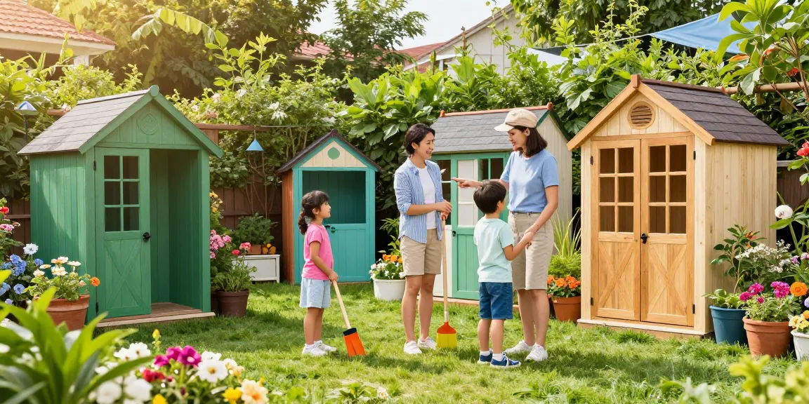 Gartenhaus kaufen: Familie erkundet lebendige Gartenhäuser in ihrer sonnigen Gartenlandschaft.