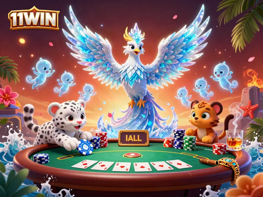 Experience the excitement of 11WIN with an ice phoenix, snow leopard cub, and poker elements in a vibrant casino scene.