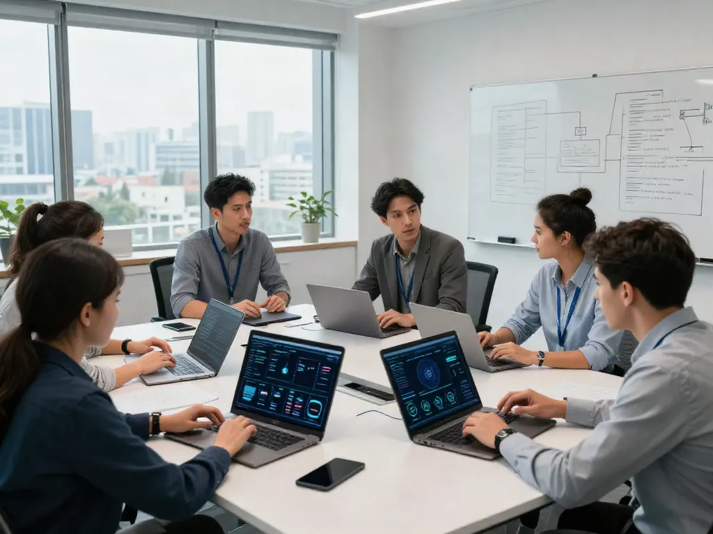 Besprechung zur IT Sicherheitsberatung in modernem Büro mit Experten und Technologie.