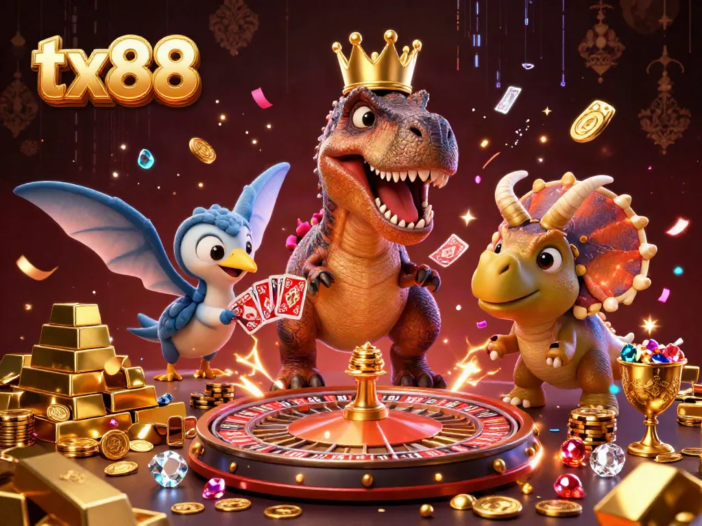 Experience the excitement of tx88 with a lively 3D scene featuring a T-Rex shuffling cards and playful pterodactyls amidst dazzling casino elements.