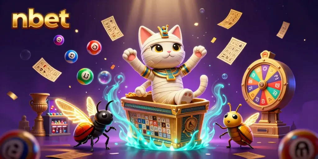 Play the exciting nbet games with a dynamic scene featuring an Egyptian mummy cat in a vibrant casino.