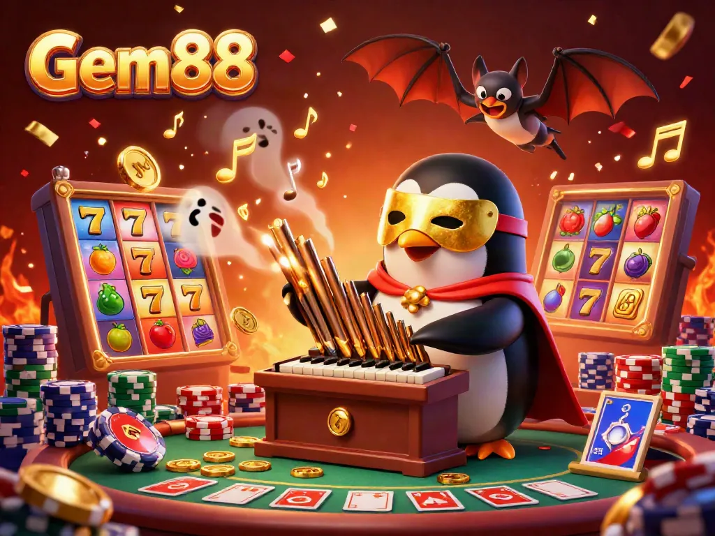Experience the excitement of Gem88 casino, with a whimsical penguin playing a golden pipe organ amidst vibrant gaming elements.