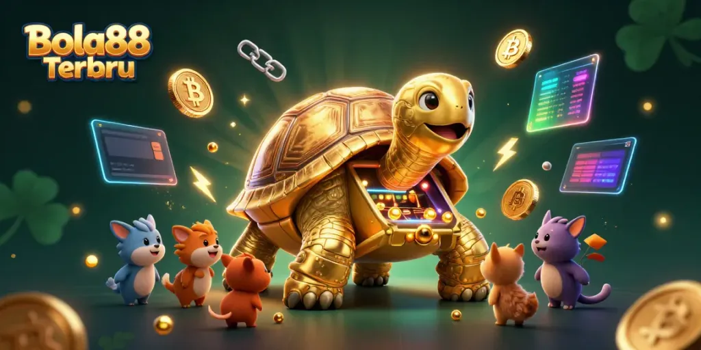 Engaging scene of Bola88 Terbaru featuring a tortoise pinball machine with crypto coins and excited animals.